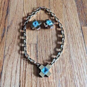 Vintage gold chain with a cross crystal shape pendant matching earrings set